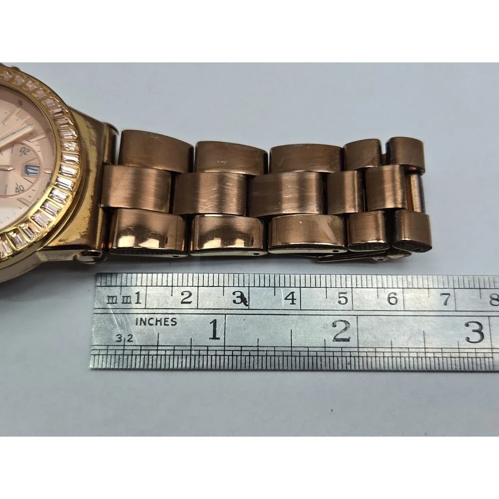 Michael Kors Dylan Womens Rose Gold Baguette Bezel Chronograph Watch New Battery